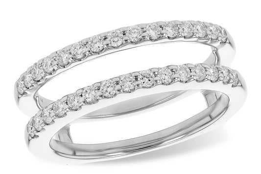 The Allison Kaufman 14k white wedding band ring guard features two rows of small round diamonds, elegantly stacked against a white background—perfect for upgrading your bridal set.