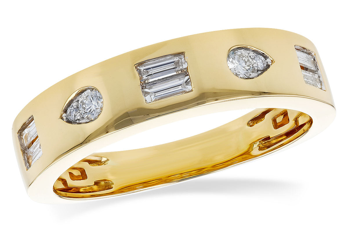 The Allison Kaufman 14K Yellow Gold Diamond Ring features alternating round, pear-shaped, and baguette diamonds set flush in a polished band—perfect as a unique wedding band.