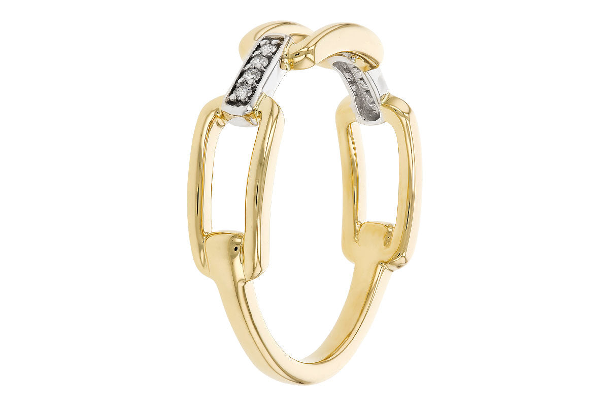 The 14K Yellow Gold Chain Ring with Diamonds by Allison Kaufman features two interlocking paperclip-inspired links, each accented with small diamonds on the upper sections.