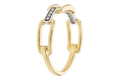 The 14K Yellow Gold Chain Ring with Diamonds by Allison Kaufman features two interlocking paperclip-inspired links, each accented with small diamonds on the upper sections.