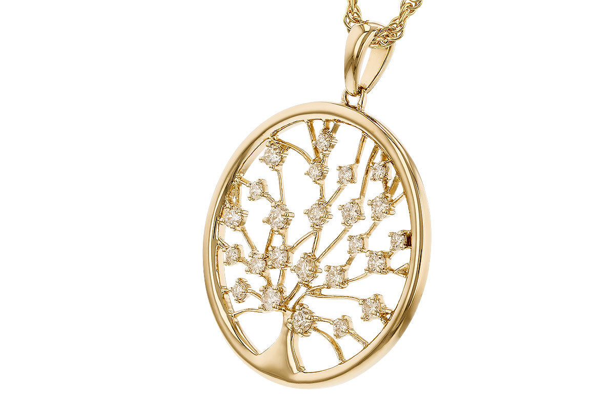 The Allison Kaufman 14k yellow tree pendant showcases an intricate tree branch design accented with sparkling diamonds, crafted in elegant 14k yellow gold.