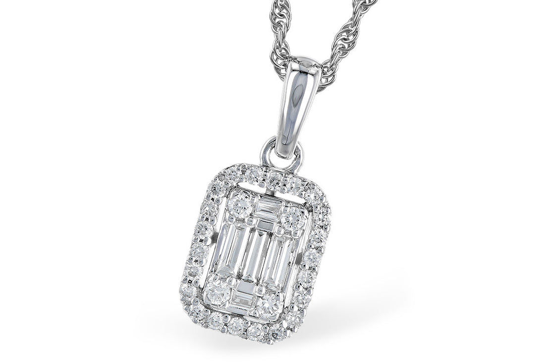 The Allison Kaufman 14K White Gold Diamond Mosaic Necklace features a rectangular pendant with a cluster of baguette and round-cut diamonds, beautifully framed by a halo of sparkling gems.