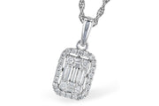 The Allison Kaufman 14K White Gold Diamond Mosaic Necklace features a rectangular pendant with a cluster of baguette and round-cut diamonds, beautifully framed by a halo of sparkling gems.