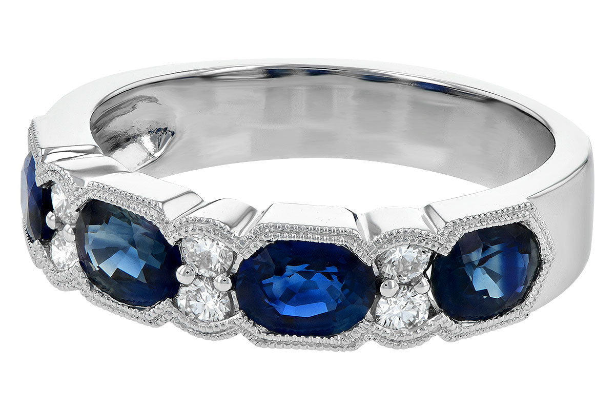 The Allison Kaufman 14K White Gold Sapphire & Diamond Ring showcases alternating oval blue sapphires and round white diamonds in a scalloped band—an elegant anniversary gift.