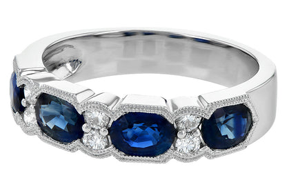 The Allison Kaufman 14K White Gold Sapphire & Diamond Ring showcases alternating oval blue sapphires and round white diamonds in a scalloped band—an elegant anniversary gift.