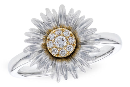 The Allison Kaufman Two-Tone Gold Sunflower Diamond Ring features a sunflower design with silver petals, a gold center, and sparkling diamonds.