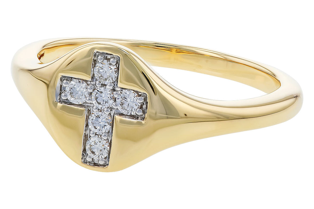 This stunning Diamonds 14K Yellow Gold Cross Ring from Allison Kaufman features a distinctive raised diamond cross design, enhanced with sparkling diamonds. The sleek, polished band elegantly complements the textured cross, epitomizing Allison Kaufman's iconic style.