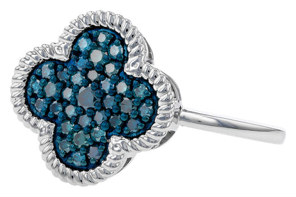 The Allison Kaufman ladies ring features a four-leaf clover-shaped setting with 0.33ct blue diamonds and a textured silver border.