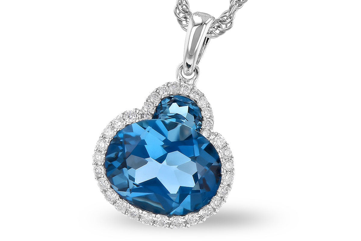 The Allison Kaufman 14K White Gold London Blue Topaz and Diamonds Necklace features two striking London blue topaz stones—one large, one small—accented by sparkling diamonds in an elegant pendant design.