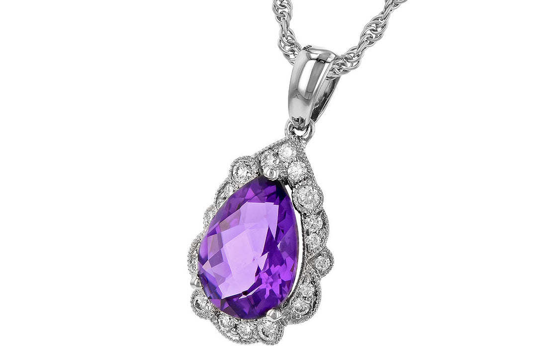 The Allison Kaufman Amythest and Diamonds 14K White Gold Necklace showcases a pear-shaped amethyst pendant beautifully surrounded by a diamond halo, enhancing the gemstone's vibrant purple hue.