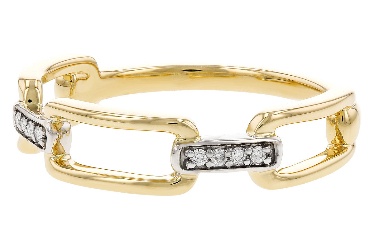 The Allison Kaufman 14K Yellow Gold Chain Ring with Diamonds features a chain-link design with rectangular links, three of which are accented by small white diamonds set in silver-tone metal—ideal for stacking.