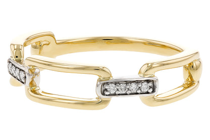 The Allison Kaufman 14K Yellow Gold Chain Ring with Diamonds features a chain-link design with rectangular links, three of which are accented by small white diamonds set in silver-tone metal—ideal for stacking.