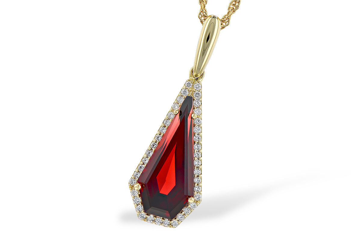 The Allison Kaufman Garnet and Diamond 14K Yellow Gold Necklace features a geometric deep red garnet pendant, January’s birthstone, accented by sparkling diamonds and suspended from a twisted gold chain for timeless elegance.