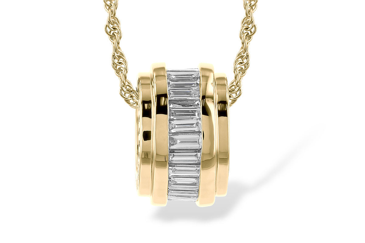 Close-up of the Allison Kaufman Diamond Baguette 14k Yellow Gold Necklace, showcasing a circular pendant with vertically set baguette diamonds between polished gold bands, hanging from a twisted gold chain.