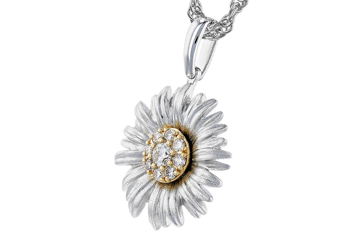 The Allison Kaufman Two-Tone Gold Sunflower Diamond Necklace showcases a silver daisy pendant with a gold center and sparkling diamonds, elegantly suspended from a twisted silver chain.