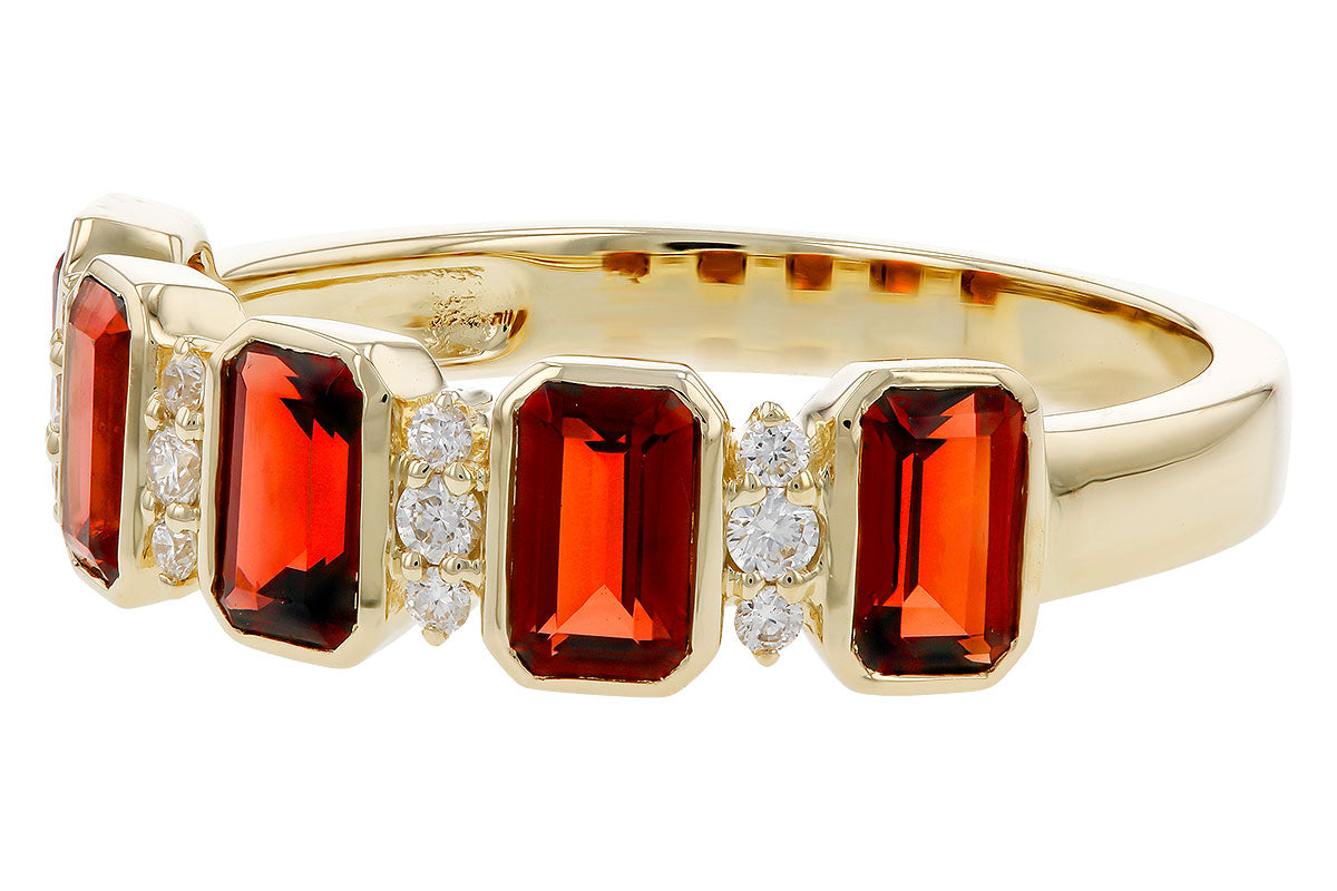 The Allison Kaufman ladies 1.62ct garnet and diamond ring features four rectangular garnets in a row, accented with round white diamonds between each stone for an elegant 1.74tcw design.