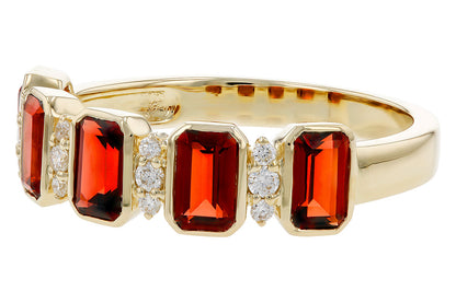 The Allison Kaufman ladies 1.62ct garnet and diamond ring features four rectangular garnets in a row, accented with round white diamonds between each stone for an elegant 1.74tcw design.