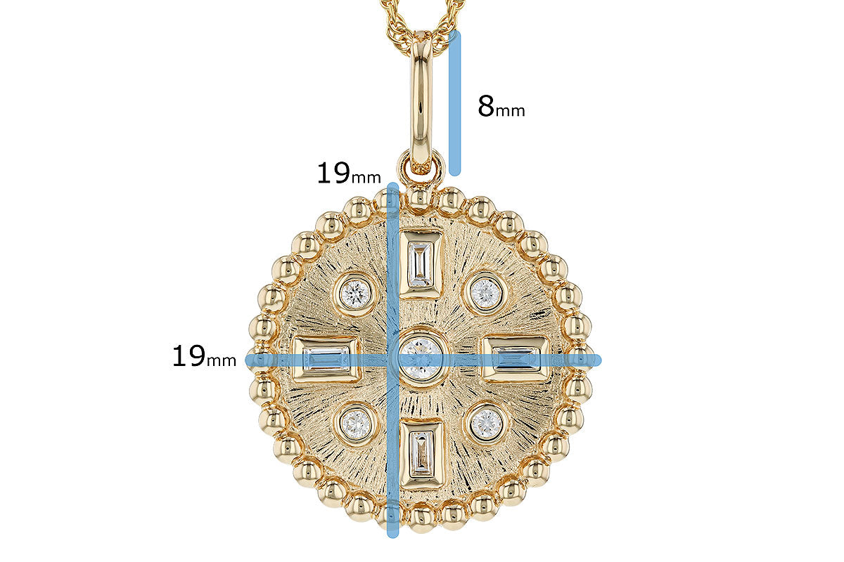 The Allison Kaufman 14K Yellow Gold Diamond Necklace features a round, textured medallion set with five round and four baguette-cut diamonds. The pendant measures 19mm with an 8mm bail; dimensions marked in blue for this geometric piece.