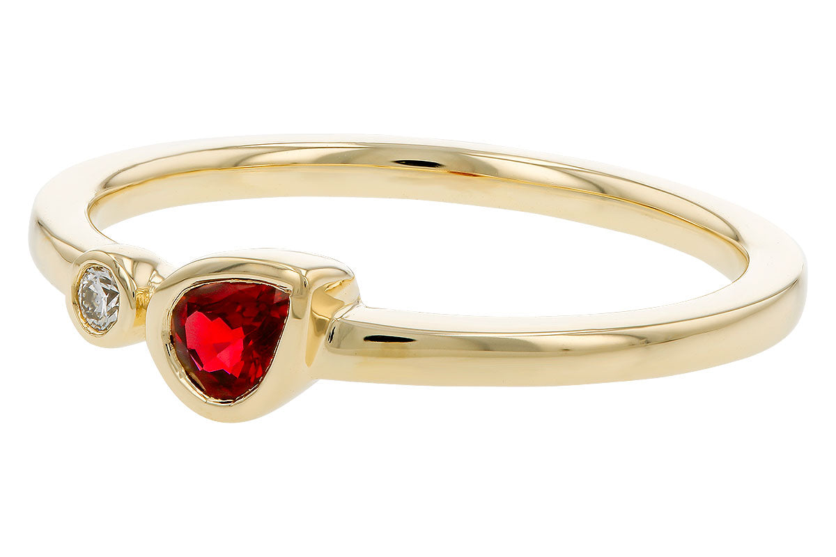 The Allison Kaufman 14k yellow .24c ruby ring features a pear-shaped red gemstone and a small round white diamond set side by side on the band.