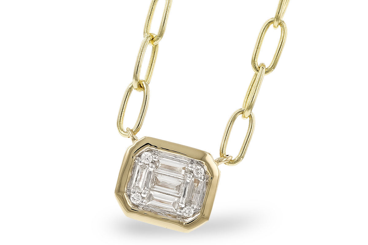 The Allison Kaufman 14K Yellow Gold Diamond Pendant Necklace showcases a rectangular baguette diamond framed by smaller diamonds, set on large, elongated links for a modern minimalist look.