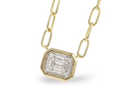 The Allison Kaufman 14K Yellow Gold Diamond Pendant Necklace showcases a rectangular baguette diamond framed by smaller diamonds, set on large, elongated links for a modern minimalist look.