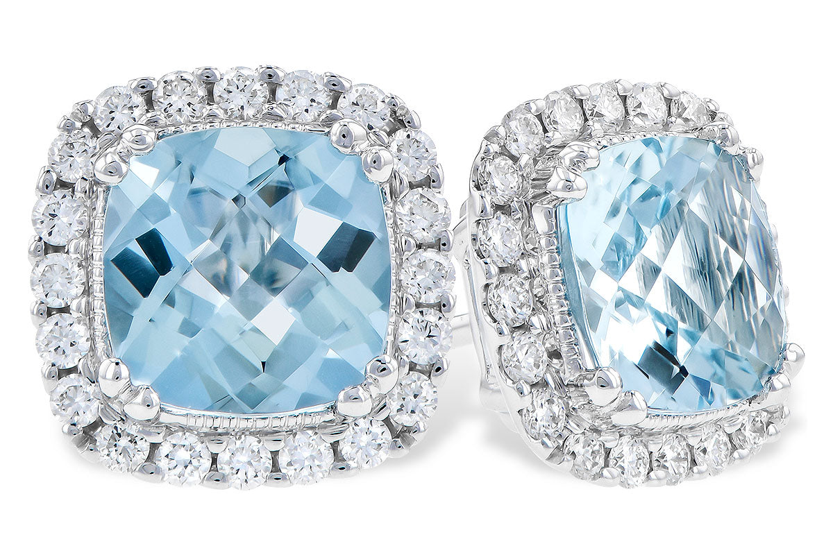 Allison Kaufman's 6mm aquamarine earrings in 14k white gold feature cushion-cut stones, each encircled by a sparkling halo of round clear diamonds.