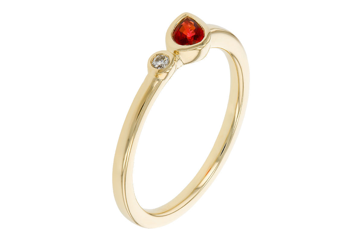 The Allison Kaufman 14k yellow .24c ruby ring features a slim band with a teardrop-shaped red ruby and a small round clear gemstone set side by side.