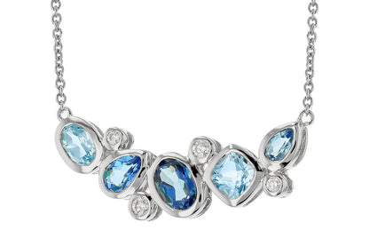 The Allison Kaufman 14K White Gold Blue Topaz and Diamond Necklace features blue topaz and diamonds in various shapes, set in white gold and suspended on a delicate chain.