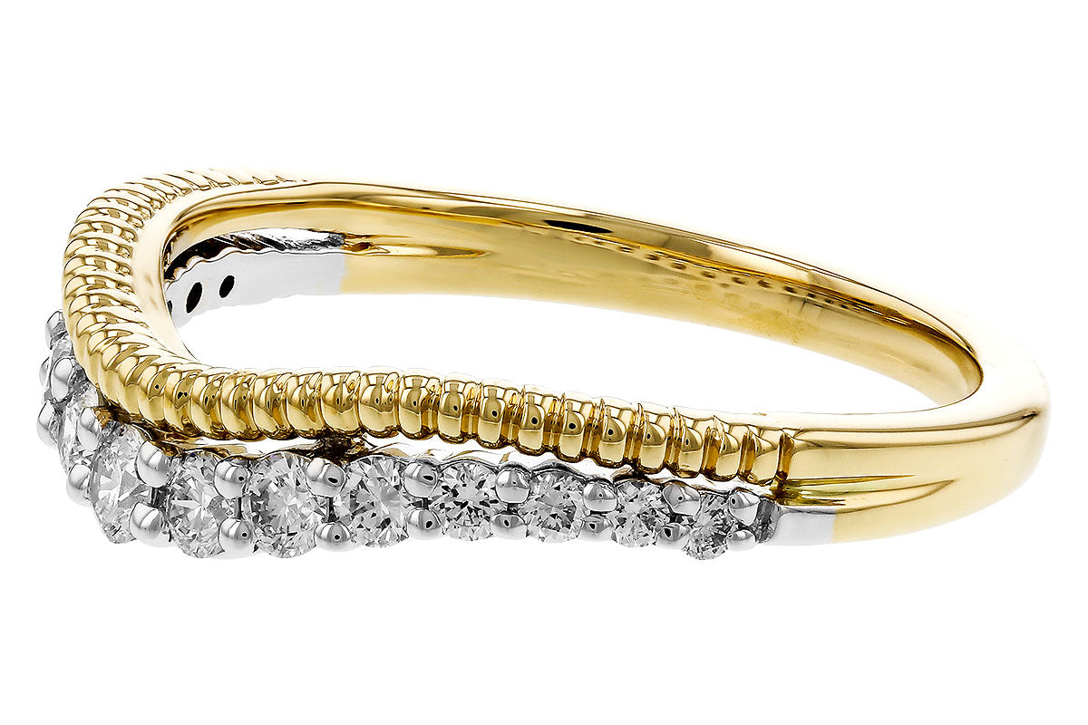 The Allison Kaufman 14K Two-Tone Gold Diamond Ring Enhancer features a curved band with a row of round diamonds on one side and a beaded gold design on the other, totaling 0.30 carats.