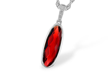 The Allison Kaufman 14K White Gold Garnet and Diamond Necklace features a long, oval garnet pendant—the January birthstone—adorned with diamonds on the bail, shown against a white background.