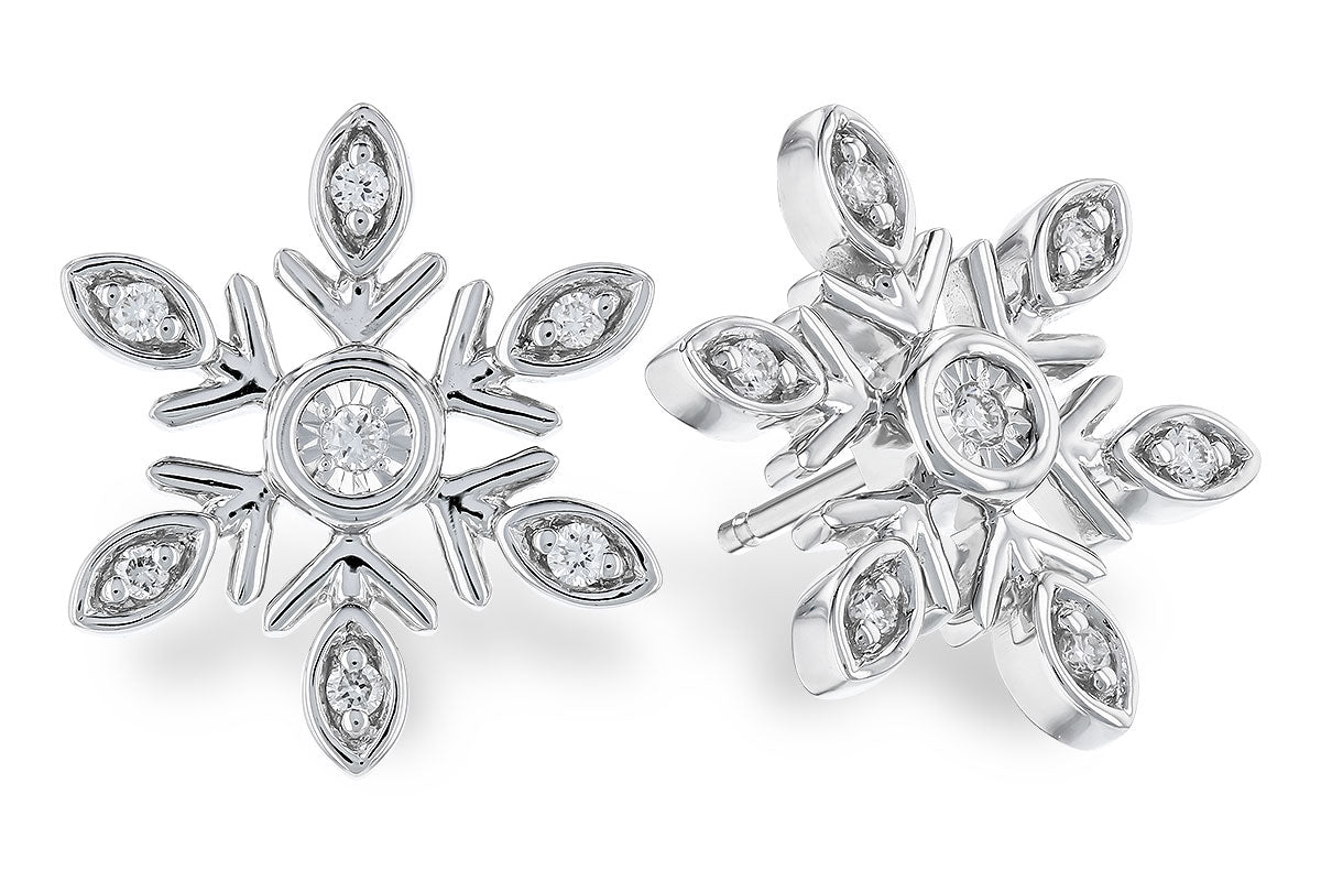 Allison Kaufman’s 14K White Gold Snowflake Stud Earrings feature round and marquise-cut clear stones in a symmetrical design—an elegant choice for those seeking diamond-like sparkle.