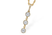 The Allison Kaufman 14k yellow 3 diamond drop pendant features three round diamonds set vertically with gold bead accents on a twisted chain, offering timeless style and elegance.