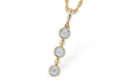 The Allison Kaufman 14k yellow 3 diamond drop pendant features three round diamonds set vertically with gold bead accents on a twisted chain, offering timeless style and elegance.