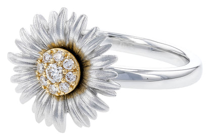 The Allison Kaufman Two-Tone Gold Sunflower Diamond Ring features a daisy-inspired design with white petals, a gold center, and sparkling round diamonds for a touch of natural elegance.