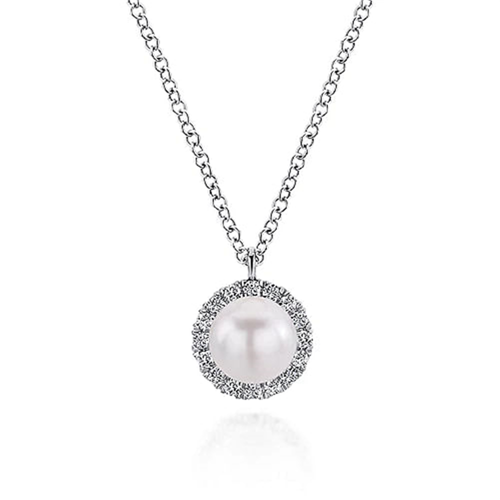 14K White Gold Cultured Pearl and Diamond Halo Pendant Necklace