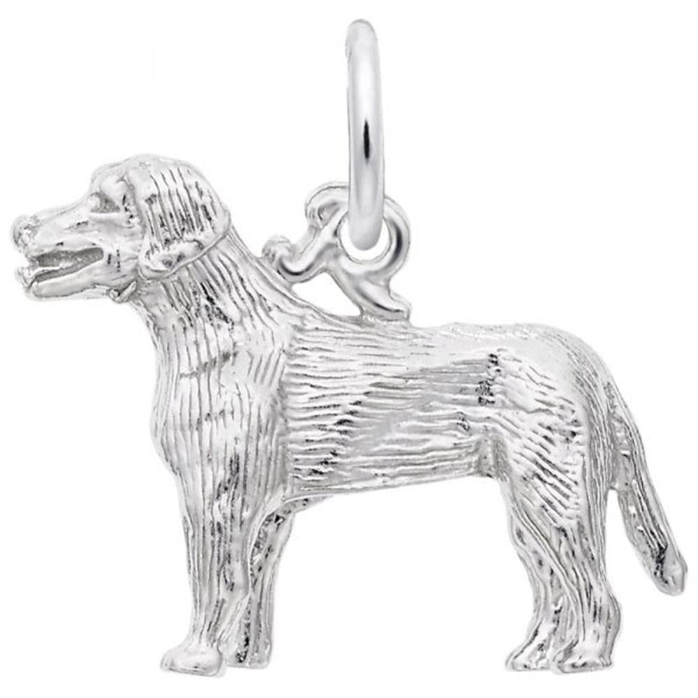 The Labrador Dog Charm by Rembrandt Charms is crafted from sterling silver and shaped like a standing Labrador, complete with detailed fur texture, an open mouth, and a raised tail. A small loop on top makes it easy to attach to a necklace or bracelet.