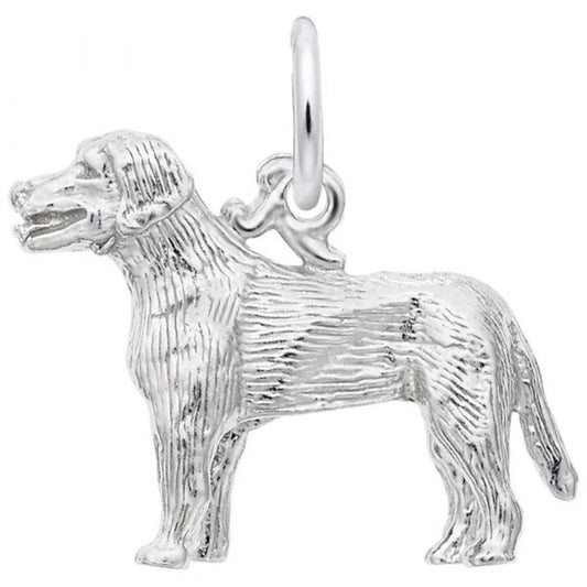 The Labrador Dog Charm by Rembrandt Charms is crafted from sterling silver and shaped like a standing Labrador, complete with detailed fur texture, an open mouth, and a raised tail. A small loop on top makes it easy to attach to a necklace or bracelet.
