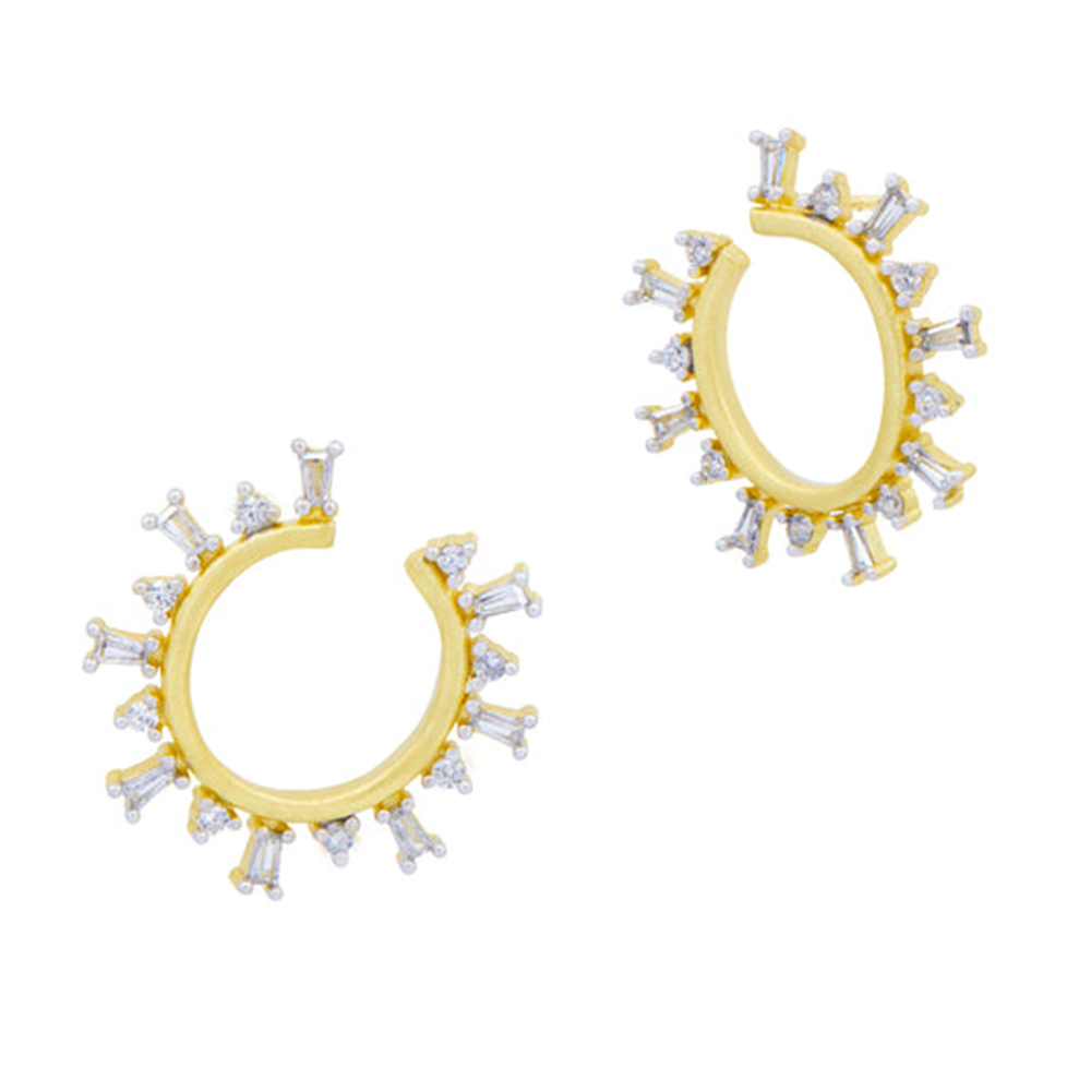 The Midnight Mosaic Illusion gold hoop earrings by Freida Rothman feature a spiked design with small vertical white crystals along the outer edges, offering a stylish and elegant touch.