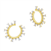 The Midnight Mosaic Illusion gold hoop earrings by Freida Rothman feature a spiked design with small vertical white crystals along the outer edges, offering a stylish and elegant touch.