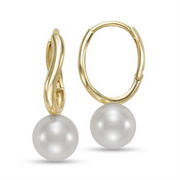 Mastoloni Pearls 14k Y Bent Hoop Earrings, each adorned with a single round 7-7.5 mm freshwater pearl, are displayed on a white background.
