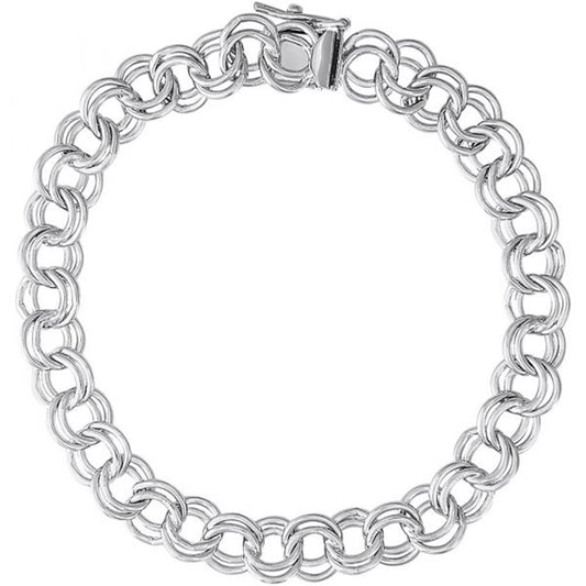 A close-up image of the Rembrandt Charms "Charm Bracelet 7 Inch / Sterling Silver" with interlocking round links and a clasp. The bracelet is laid out in a circular shape, showcasing its intricate design.