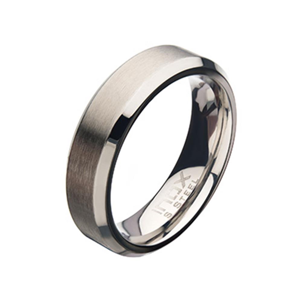 The Men's Stainless Steel 6mm Matte Beveled Band Ring by INOX, available in size 9, features a sleek silver design with a brushed exterior and polished edges. The interior of this stylish ring is engraved with the text "I LUV STEEL.