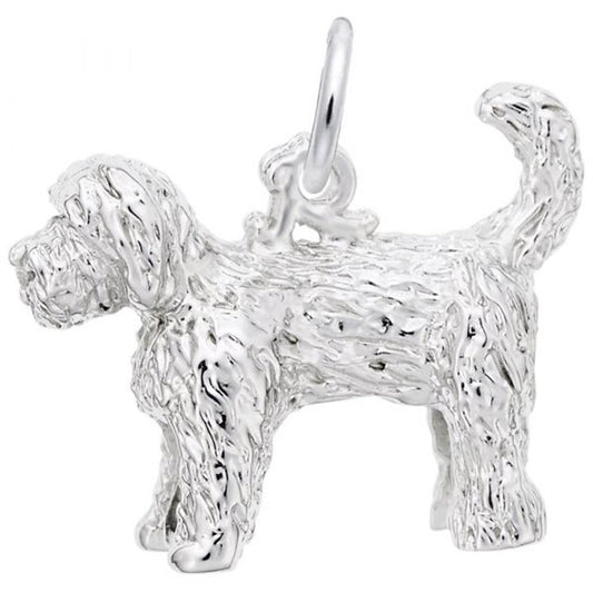 A detailed, sterling silver pendant shaped like a Goldendoodle, with textured fur details and a loop at the top for attaching to a chain or bracelet. The Rembrandt Charms piece features the dog standing on all four legs, facing left, with its tail curled up.