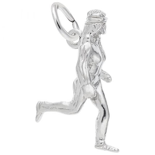 The Rembrandt Charms Jogger Charm in sterling silver features a detailed depiction of a female jogger. The figure showcases muscular details, flowing hair, and a determined posture, with one leg extended forward and the other bent behind. It includes a small loop at the top for attaching to a chain.