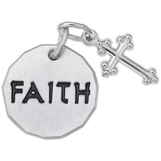 The Faith Tag With Botonny Cross Charm by Rembrandt Charms is a sterling silver octagonal pendant engraved with the word "FAITH" in black lettering, accompanied by a small, ornate cross charm with rounded edges.