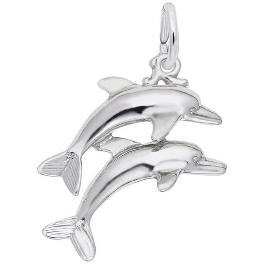 The Rembrandt Charms Two Dolphins Charm in Sterling Silver showcases two dolphins artfully arranged to appear as if they are jumping or swimming together. Each dolphin is intricately detailed, highlighting their fins and tails. The charm includes a small ring at the top, making it an ideal piece to add to any necklace or chain and a perfect addition to your Rembrandt Charms collection.