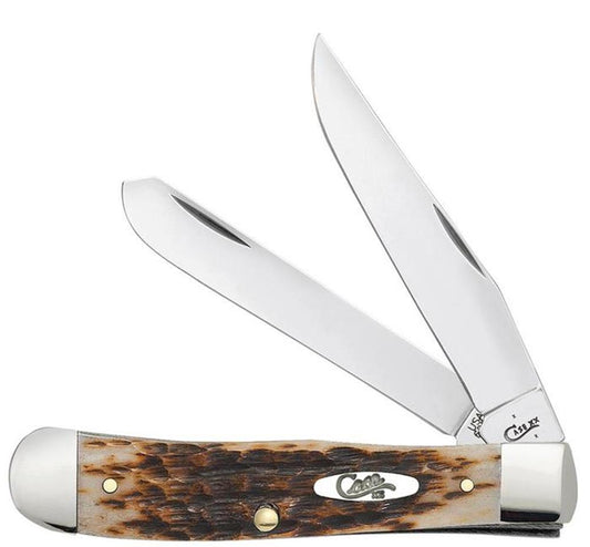 The Amber Bone Peach Seed Jig Trap Knife (Case 00164) by W.R. Case & Sons Cutlery Co. showcases two partially open stainless steel blades and a handle adorned with a rustic Amber Bone pattern and metal accents, featuring a central logo and brass rivets securing the components.