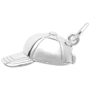The image shows the Sterling Silver Baseball Hat Charm from Rembrandt Charms. The charm is crafted in sterling silver and features a detailed design of a baseball hat. It measures 0.65 inches by 0.3 inches (16.41 mm x 7.59 mm) and has the style number 3031. This charm is a perfect keepsake for baseball fans and athletes.