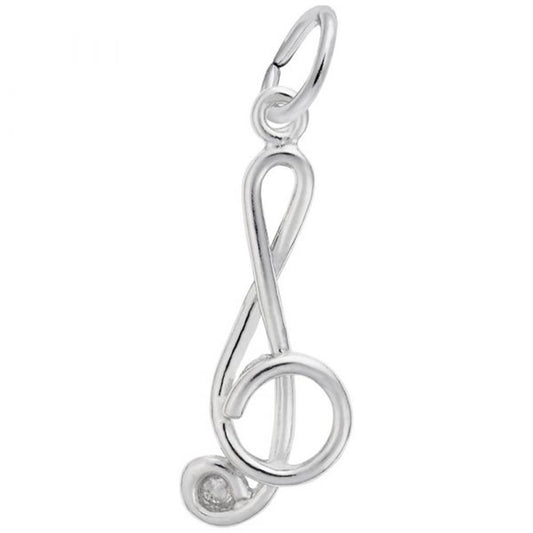 The Rembrandt Charms Treble Clef Charm is crafted from sterling silver and features a small loop at the top for easy attachment to a necklace or bracelet. Its smoothly curved lines give it an elegant, musical appearance characteristic of the brand.