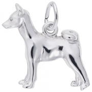 Image of a sterling silver Basenji Dog Charm, Style 2469, 0.62 in x 0.63 in (15.82 mm x 16.07 mm). The charm features a detailed depiction of a Basenji dog, showcasing its unique and graceful characteristics, attached to a loop for easy addition to any charm bracelet.